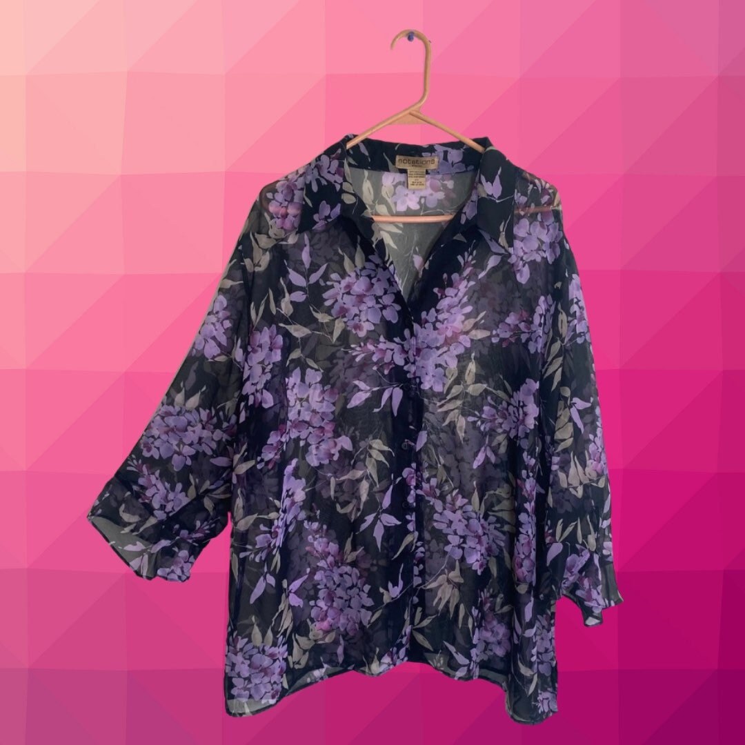 Vintage Sheer Black With Purple Flowers Blouse by Notations - Etsy