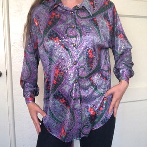Vintage Silver Threads LTD Purple Paisley Button Up Blouse, Metallic, Silky Finish Fabric, Made in USA, 1980s, Size Large,