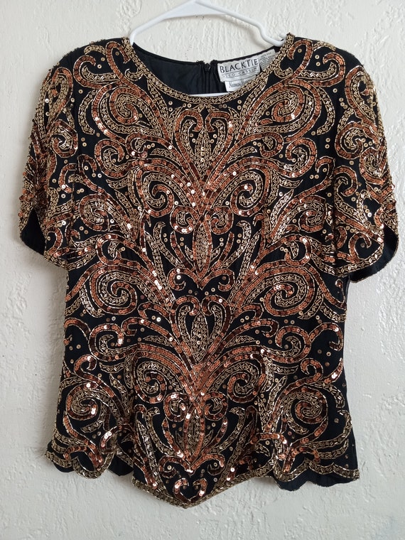 Vintage Sequined Top Paisley Design Gold Copper a… - image 2