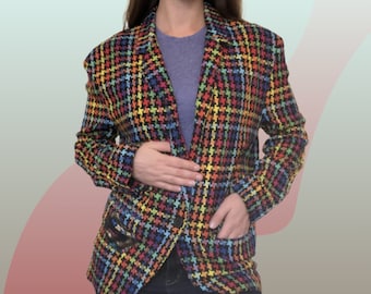 Vintage 1980s "Inclinations" Multicolored Houndstooth Blazer Jacket, Size M - L