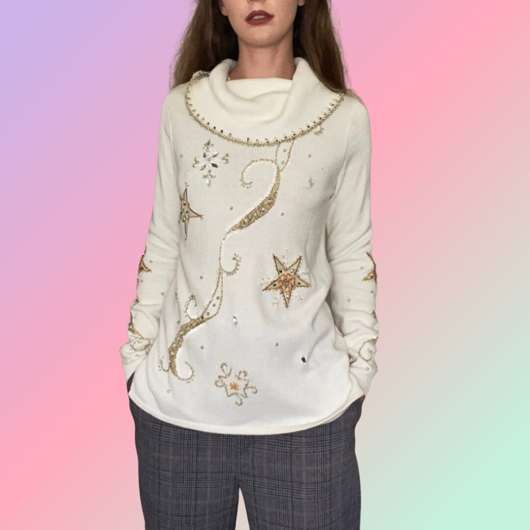 PerihelionsVintage Vintage Cream Cowl Neck Sweater with Beaded and Rhinestone Star Design by Kikit 1990s