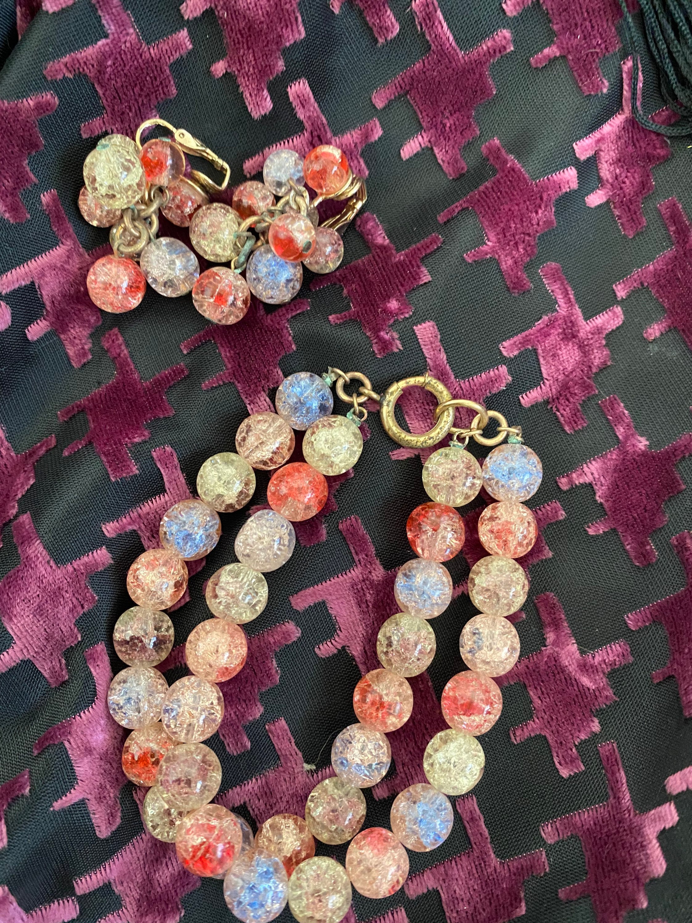 Parure De Bijoux Fantaisie Ancienne - Perles Vertes, Boucles D'oreilles Clip Et Bracelet, Occasion Vintage
