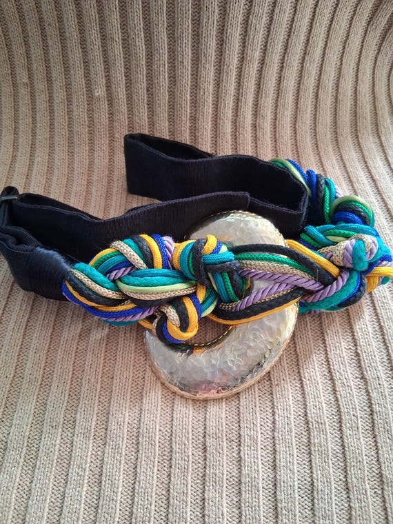 Vintage Colorful Braided Cord Belt With Large Gold Tone  display picture 2