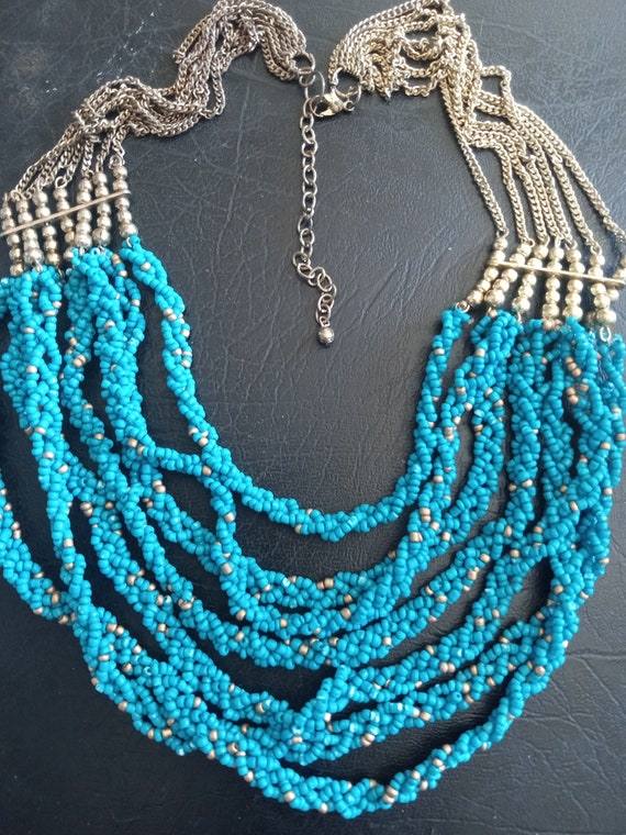 Woven Love Bead necklace, multi strand Bright Blu… - image 2