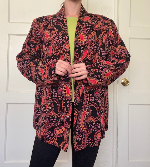 1990s Fashion Bug Vintage Red and Black Paisley Blazer w Shoulder Pads