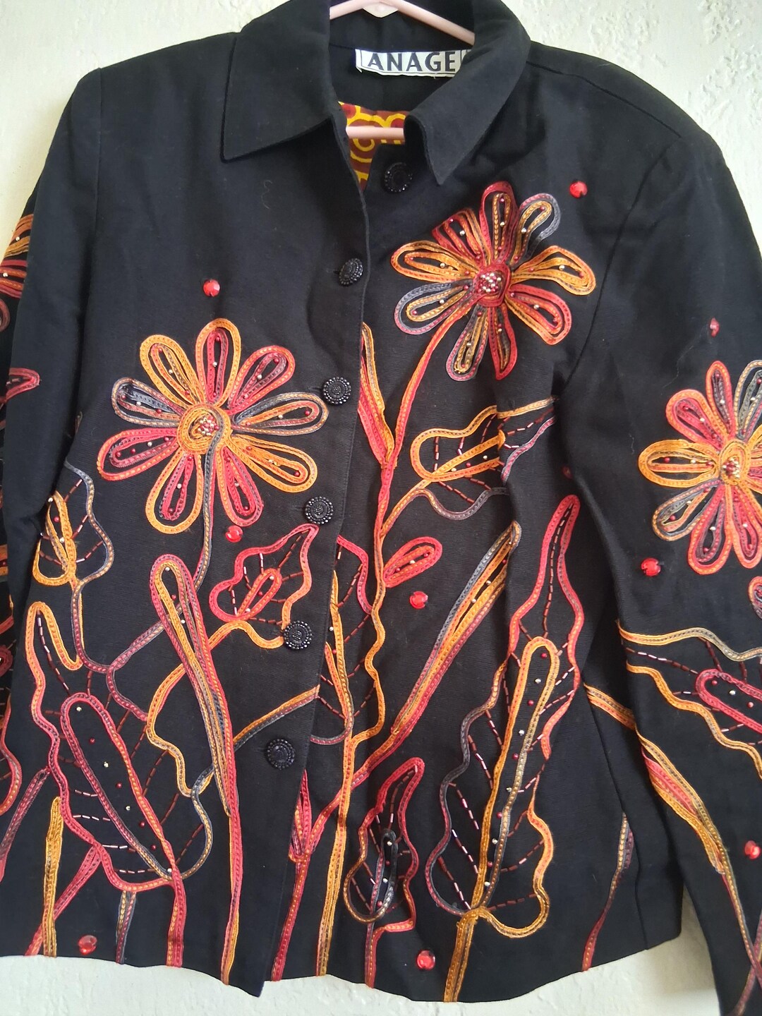 Black Anage Jacket With Embellishments and Embroidered Orange and Red ...