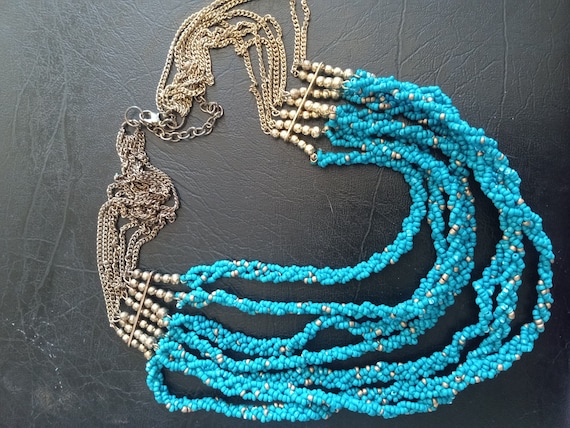 Woven Love Bead necklace, multi strand Bright Blu… - image 3