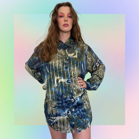 Vintage 1990s Red Hot Plus Green Floral Polyester Button Up - Etsy 