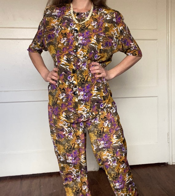 1980s Vintage Two Piece: Gold, Purple and Black A… - image 2