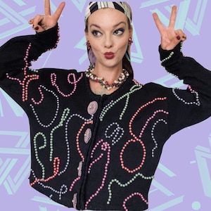 Vintage Black Beaded Sweater with Outrageous Buttons by MY 1990s