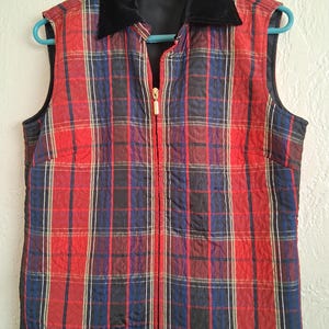 Classic red plaid quilted vest with black velvet collar by Drapers and Damon&#39;s