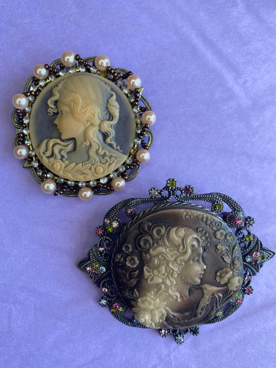 1990s Vintage Costume Jewelry Cameo Pins (2) - image 1