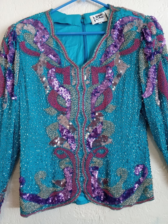 Gorgeous Vintage Turquoise and pink Sequined Top