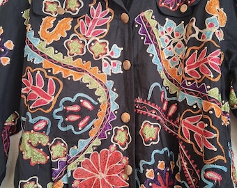 Colorful Embroidered Black Jacket in Rainbow Floral Design by Sandy Starkman