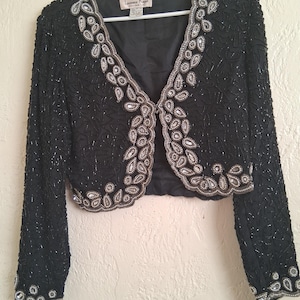 Vintage black silk beaded bolero jacket by Laurence Kazar