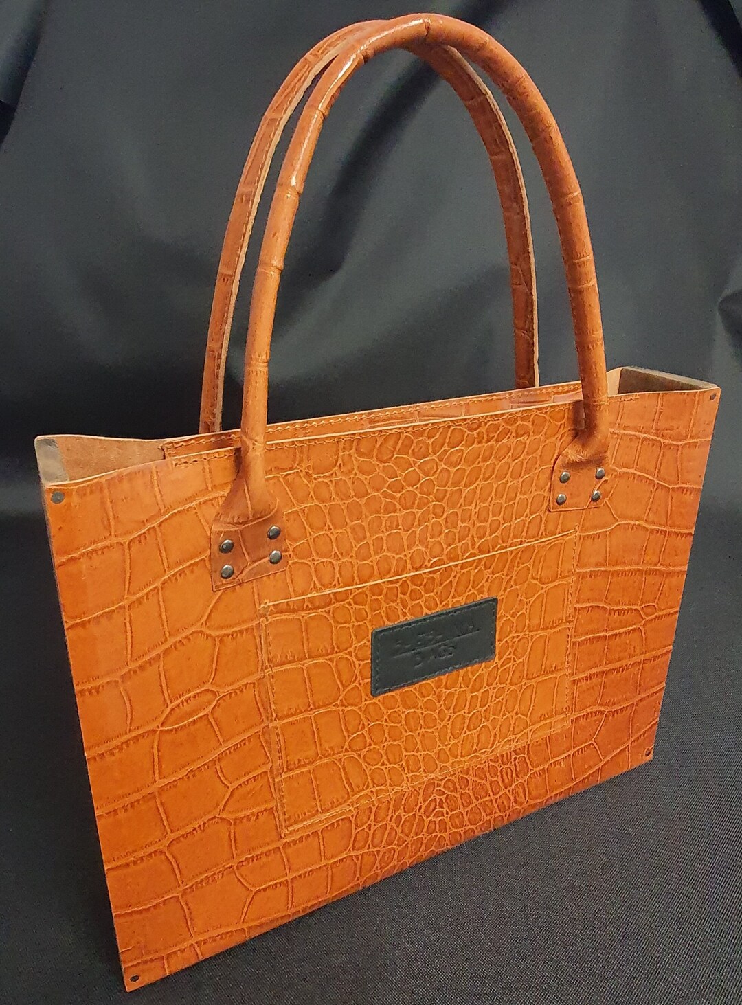 Leather Shopper Bag With Wooden Inserts, Crocodile Leather Shopper Bag