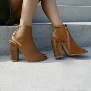 Petite Platform Booties | Small Size Heels for Women | Genuine leather platform boots, open toe bootie