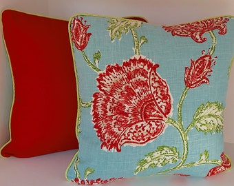 Red floral decorative pillow cover, turquoise reversible pillow, teal accent pillow, botanical throw pillow, blue designer pillow