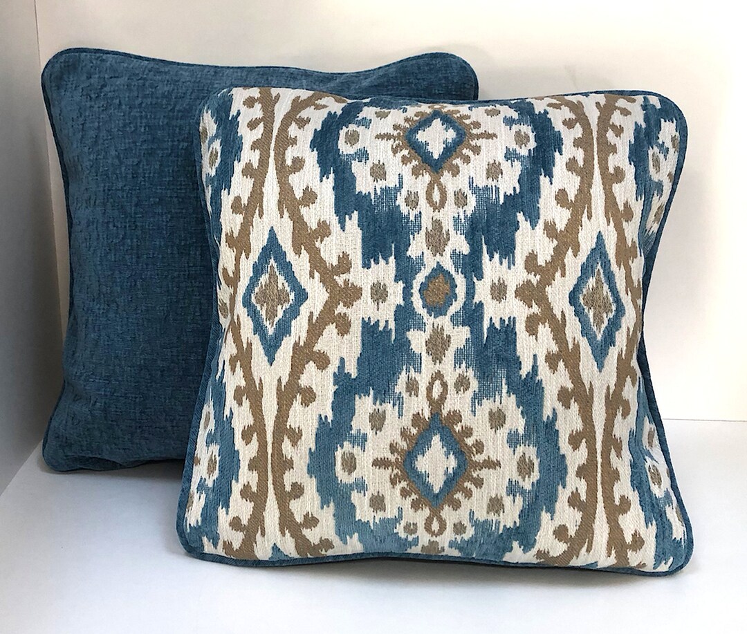 Blue ikat pillow cover, reversible accent pillow, blue decorative