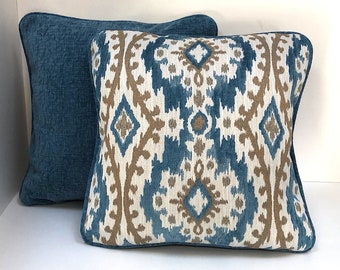 Blue ikat pillow cover, reversible accent pillow, blue decorative pillow, blue and gold sofa pillow, periwinkle blue pillow
