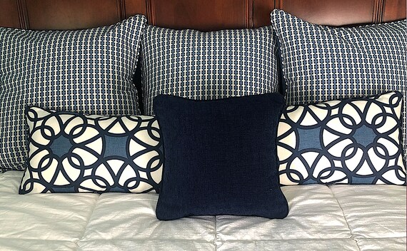 Blue Euro Sham Covers, Navy Lumbar Pillows, Reversible Bed Pillows