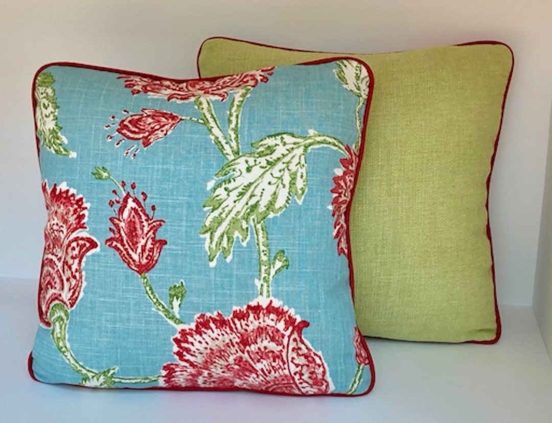 Blue Floral Decorative Pillow Cover, Blue and Red Floral Pillow