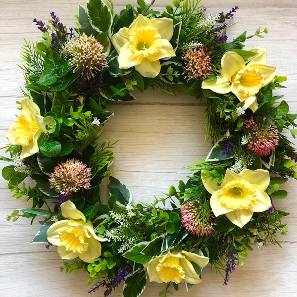 Artificial Flower Spring Wreath, Faux Daffodil, Mixed Foliage Wreath, Spring Door Wreath, Home Decoration, Artificial Wreath