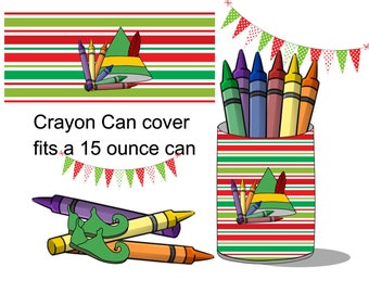 Christmas Kids Table Crayon Holder Can Cover Instant Digital Download Elf Party Supplies