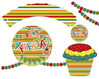 Brightly Colored Fiesta Cupcake Wrapper and Cupcake Topper SET Instant Digital Download Cinco de Mayo Party Supplies