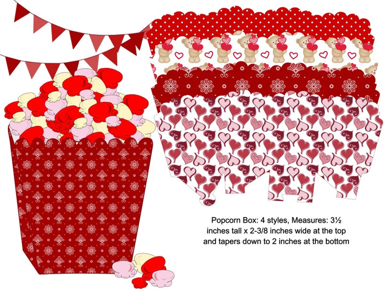 Valentine Popcorn or Treat Box Instant Digital Download image 1