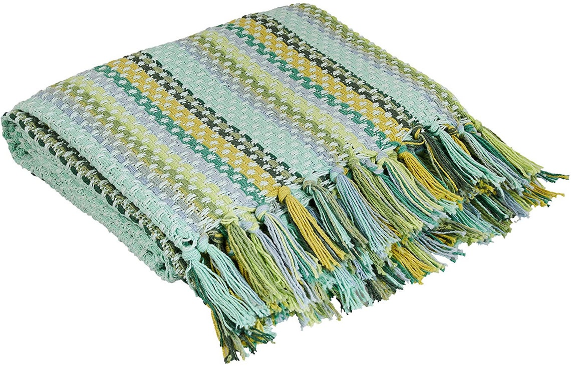 Cotton Throw Blanket 65x50 Green Beautifully Knitted Chevron Etsy