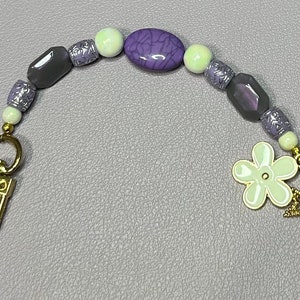 Handmade Beaded Keychain: Purple, White, Gold Charms