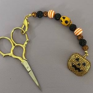 Orange Rhinestone Jack O Lantern Scissor Fob: Sewing Tool Accessory