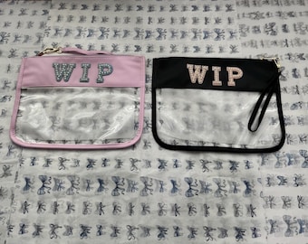 Clear Front Needlepoint Project Bag: Rhinestone WIP Lettering, 11.8"