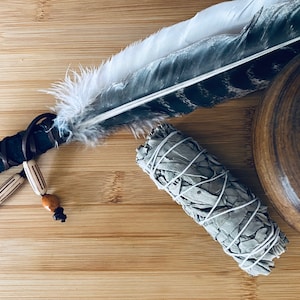 ceremonial smudge feather fan + white sage | hand wrapped with suede, leather and wooden beads