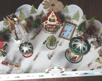 Christmas Land, finished, moving rides, miniature, people, angels, bows, trees, stalls, buildings