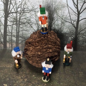 Peut inclure: Quatre figurines de casse-noisette en bois, peintes dans différentes couleurs, se tiennent sur une surface brune texturée. Un casse-noisette porte un chapeau rouge et vert, un autre porte un chapeau bleu et les deux autres portent des chapeaux verts. Les casse-noises tiennent tous un petit objet dans leurs mains.