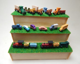 Miniature, vehicles, painted, finished, toystory, tractors, horse drawn carts, cars, trucks, trains, bus