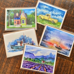 Cartes de voeux colorées, 5 x 7, assorties, aquarelle paysage