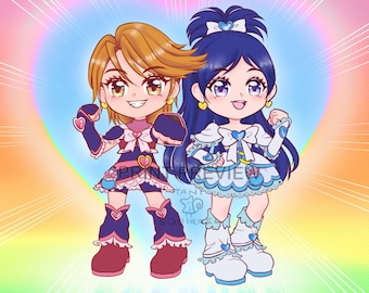 Könnte beinhalten: Zwei Anime-Mädchen in bunten Outfits mit dem Text "Futari wa Precure" vor einem Regenbogenhintergrund.