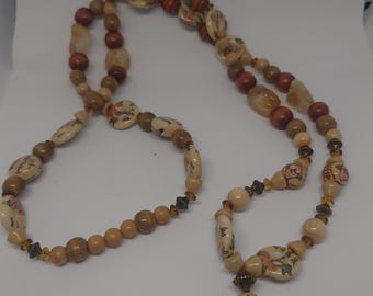 Hand-Painted Wood Beaded Necklace, Oriental Style