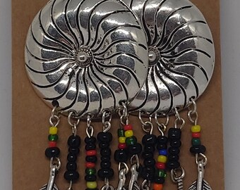 Silver Disk Earrings, Seed Beads, Feather Charms