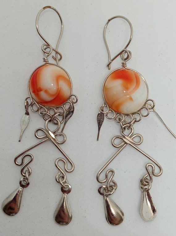Boucles D'oreilles Vintage En Métal Et Pierre Naturelle - Fait Main - Occasion Bon état