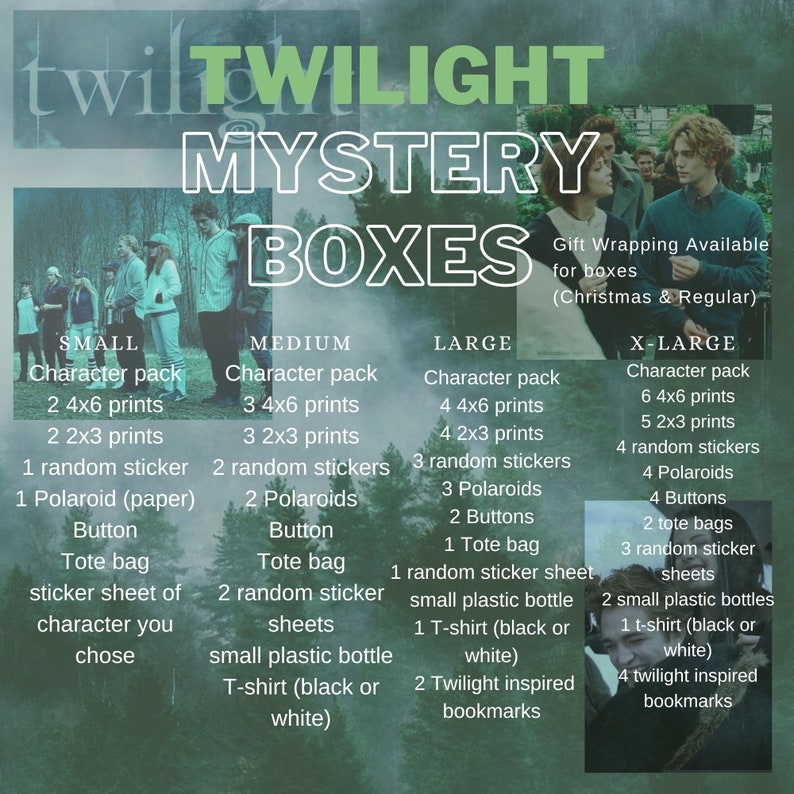 May include: A chart listing different sizes of Twilight Mystery Boxes. Each size includes a character pack, prints, stickers, Polaroids, buttons, tote bags, sticker sheets, a small plastic bottle, a T-shirt, and bookmarks. Gift wrapping is available for boxes.