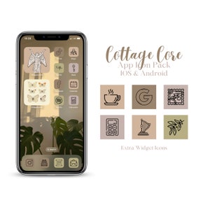 May include: A phone screen displaying a cottagecore themed app icon pack for iOS and Android. The icons are in a minimalist style with brown and beige backgrounds and black outlines. The icons include a coffee cup, a Google logo, a stamp with a bicycle, a calculator, a harp, and a branch with leaves. The text "Cottage Core App Icon Pack IOS & Android" is displayed at the top of the image.