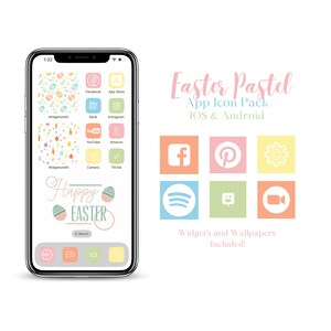 May include: A pastel-coloured phone screen with a set of app icons for social media, banking, and other apps. The icons are decorated with Easter-themed graphics, including eggs, flowers, and bunnies. The phone screen also includes a wallpaper with a pastel floral pattern. The text "Happy Easter" is displayed on the phone screen. The text "Easter Pastel App Icon Pack IOS & Android" is displayed above a set of pastel-coloured app icons for Facebook, Pinterest, Spotify, and more.