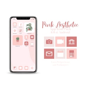 May include: A pink and white phone screen with a mockup of a phone home screen with app icons. The icons are in a pink aesthetic with a plant theme. The text on the screen says "Pink Aesthetic App Icon Pack IOS & Android".