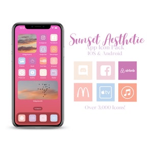 May include: A phone screen displaying a sunset aesthetic app icon pack for iOS and Android. The icons are in a grid pattern and feature a variety of popular apps, including Instagram, Facebook, Snapchat, Messenger, YouTube, Amazon, Pinterest, Netflix, Camera, Wallet, Discord, Airbnb, McDonald's, Apple TV, and Spotify. The text "Sunset Aesthetic App Icon Pack iOS & Android" and "Over 3,000 Icons!" are also displayed on the screen.