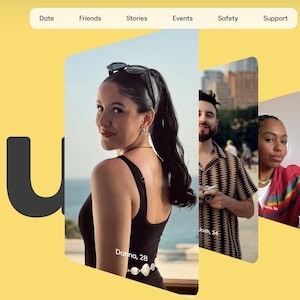 Puede incluir: Interfaz de un sitio web con el logotipo de Bumble y un fondo amarillo. La imagen presenta a tres personas en un collage, con el texto "Date, Friends, Stories, Events, Safety, Support". La mujer en primer plano lleva un top negro.