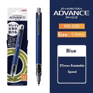 May include: A blue mechanical pencil with the text "ADVANCE" and "0.5 mm" on the packaging. The pencil is displayed next to its packaging, and the text "2Times Rotatable Speed" is also visible.